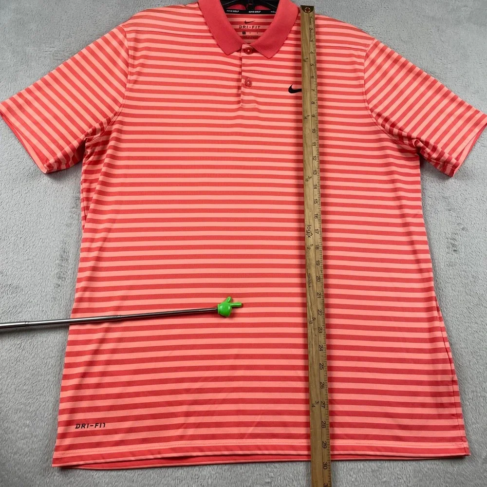 Nike Dri-Fit Polo Shirt Mens Large Orange Striped Preppy Golf Wicking Stretch